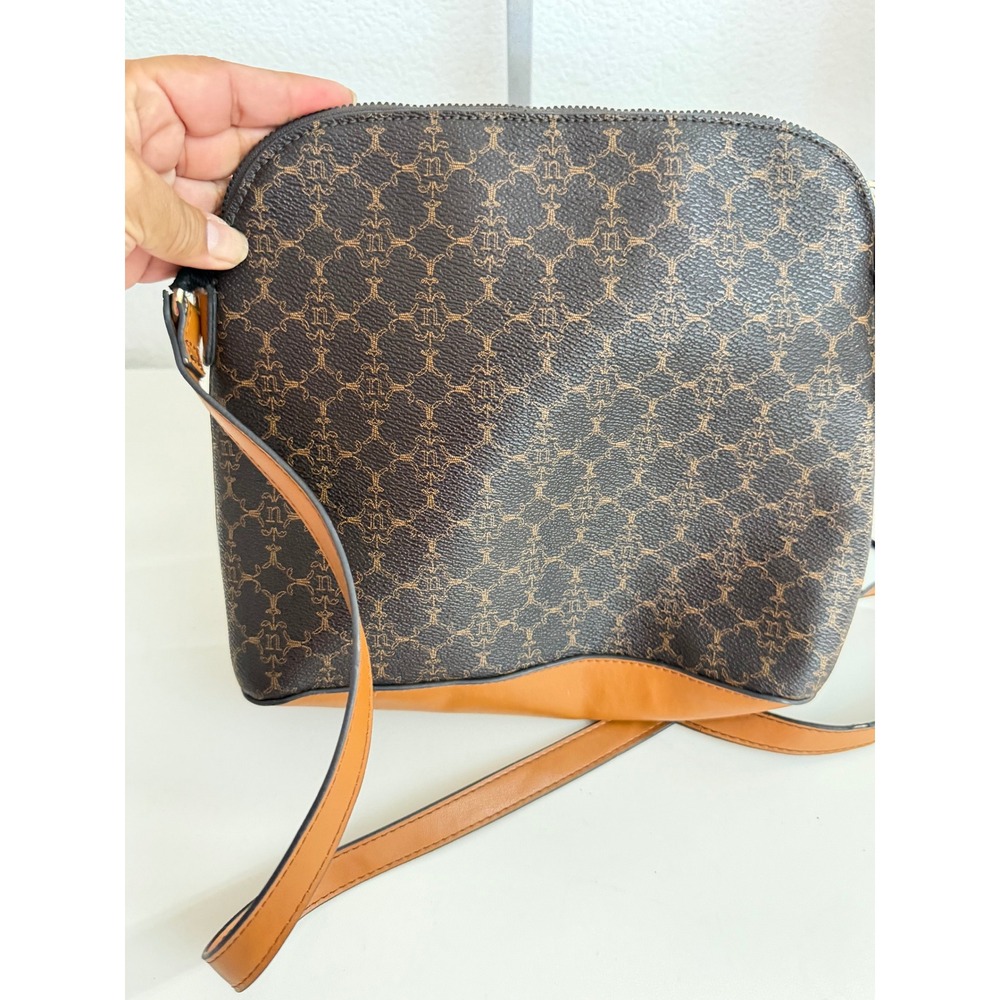 Nanette Lepore Brown Monogram Crossbody Bag Tassel Detail Tan Trim Gold Hardware - Picture 2 of 4